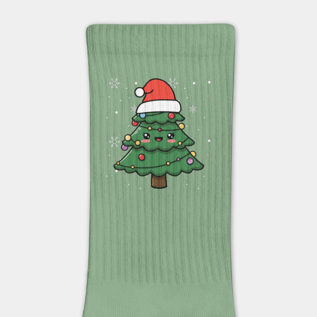 Cute Kawaii Christmas Tree with Santa Hat by Creatifly Graphic Tees