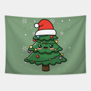Cute Kawaii Christmas Tree with Santa Hat Tapestry