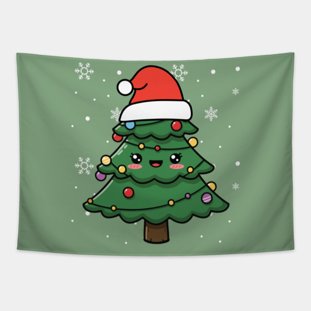Cute Kawaii Christmas Tree with Santa Hat Tapestry by Creatifly Graphic Tees