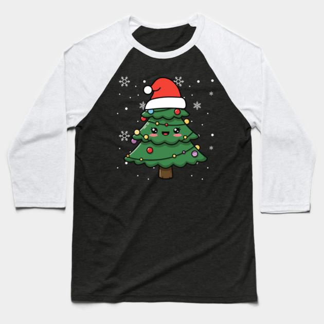 Cute Kawaii Christmas Tree with Santa Hat Baseball T-Shirt by Creatifly Graphic Tees
