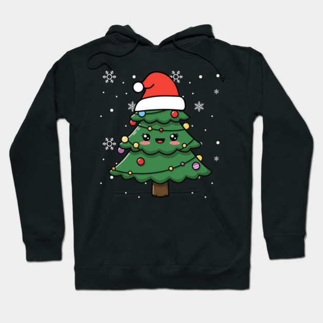 Cute Kawaii Christmas Tree with Santa Hat Hoodie by Creatifly Graphic Tees