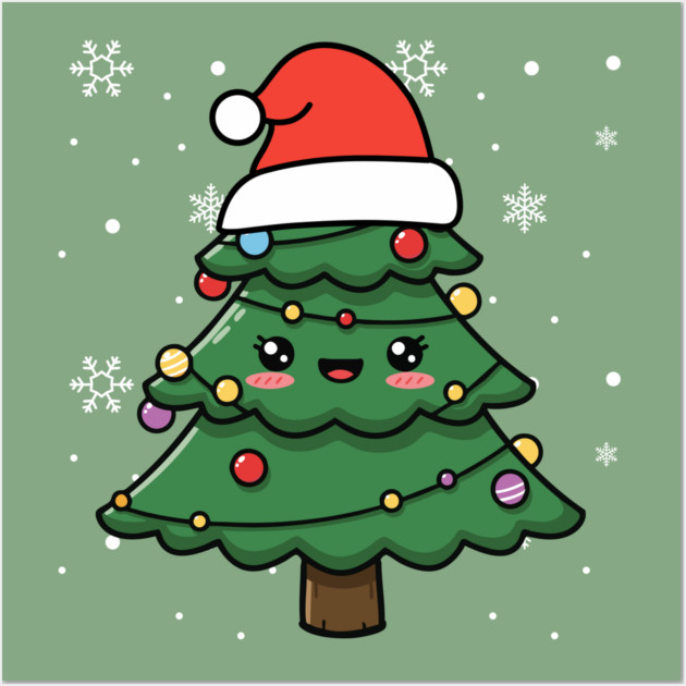 Cute Kawaii Christmas Tree with Santa Hat Wall Art by Creatifly Graphic Tees