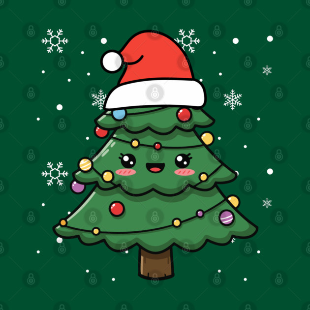 Cute Kawaii Christmas Tree with Santa Hat by Creatifly Graphic Tees