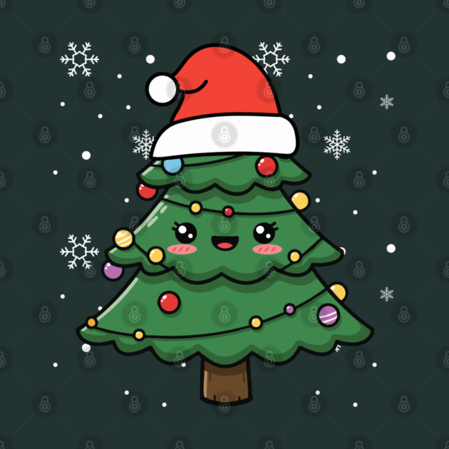Cute Kawaii Christmas Tree with Santa Hat by Creatifly Graphic Tees