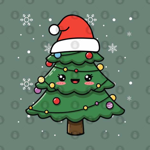 Cute Kawaii Christmas Tree with Santa Hat by Creatifly Graphic Tees