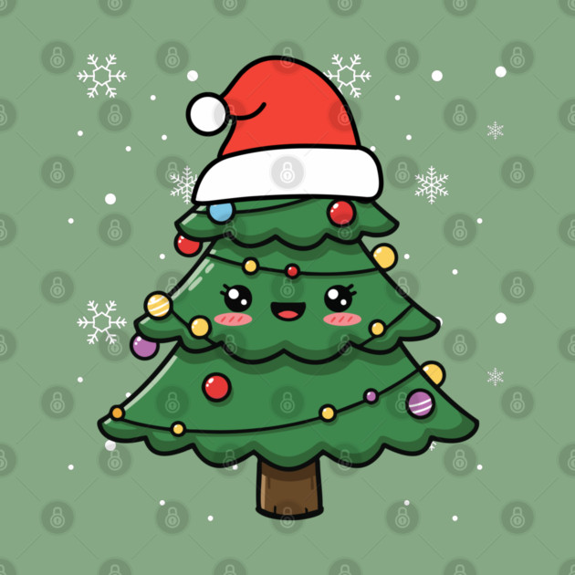 Cute Kawaii Christmas Tree with Santa Hat by Creatifly Graphic Tees