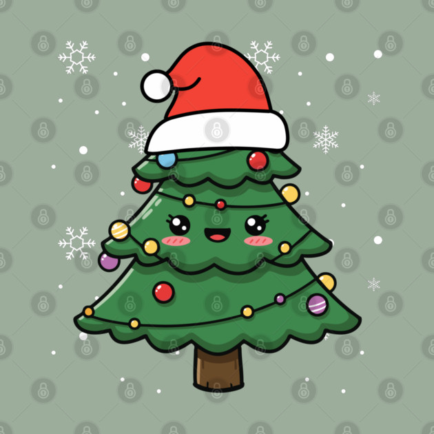 Cute Kawaii Christmas Tree with Santa Hat by Creatifly Graphic Tees