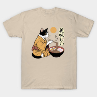 Japanese Bobtail Cat Eating Ramen Kimono Anime Style T-Shirt