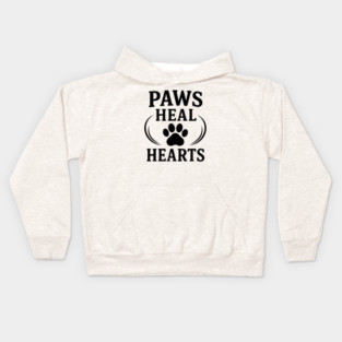 Paws Heal Hearts Typography with Paw Print for Pet Lovers Kids Hoodie