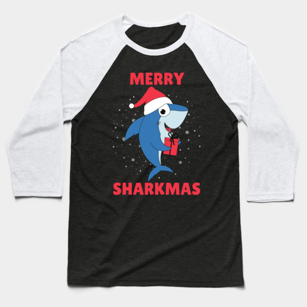 Merry Sharkmas Holiday Shark Fun Baseball T-Shirt by Creatifly Graphic Tees