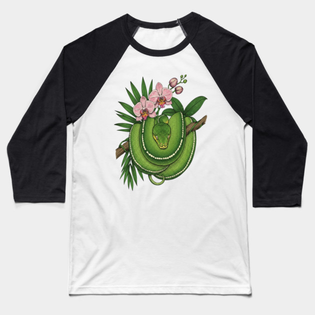 Green Tree Python with Pink Orchids Baseball T-Shirt by BirdsnStuff