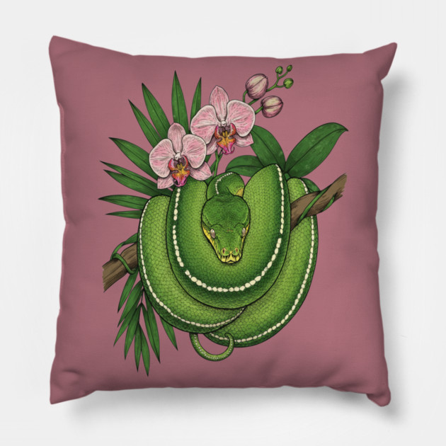 Green Tree Python with Pink Orchids Pillow by BirdsnStuff