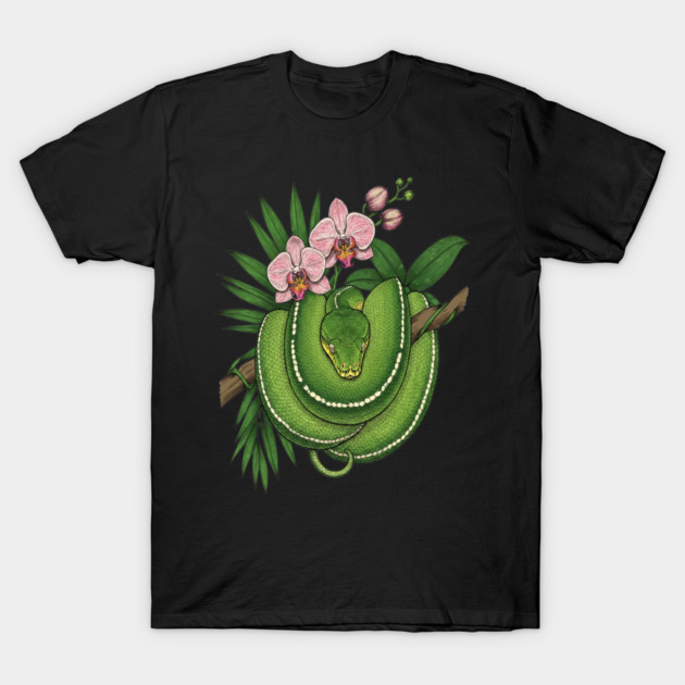 Green Tree Python with Pink Orchids T-Shirt by BirdsnStuff