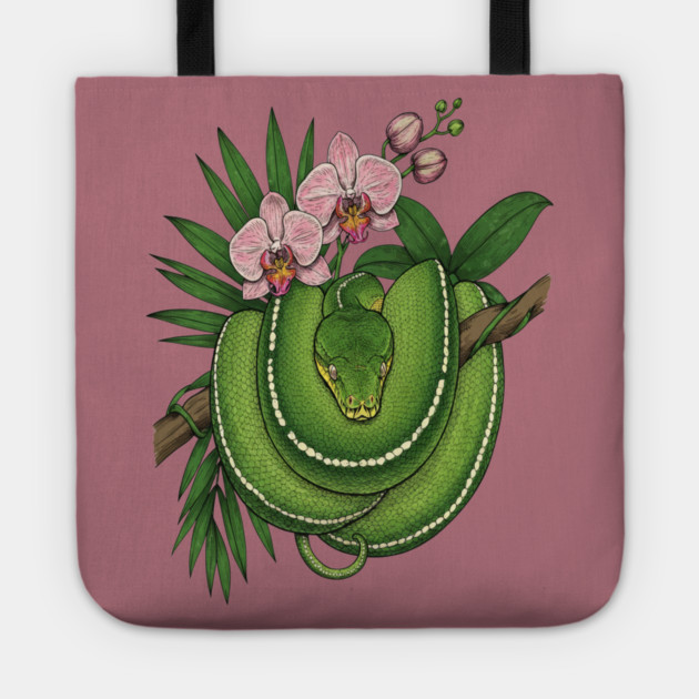 Green Tree Python with Pink Orchids Tote by BirdsnStuff