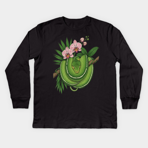 Green Tree Python with Pink Orchids Kids Long Sleeve T-Shirt by BirdsnStuff