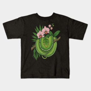 Green Tree Python with Pink Orchids Kids T-Shirt