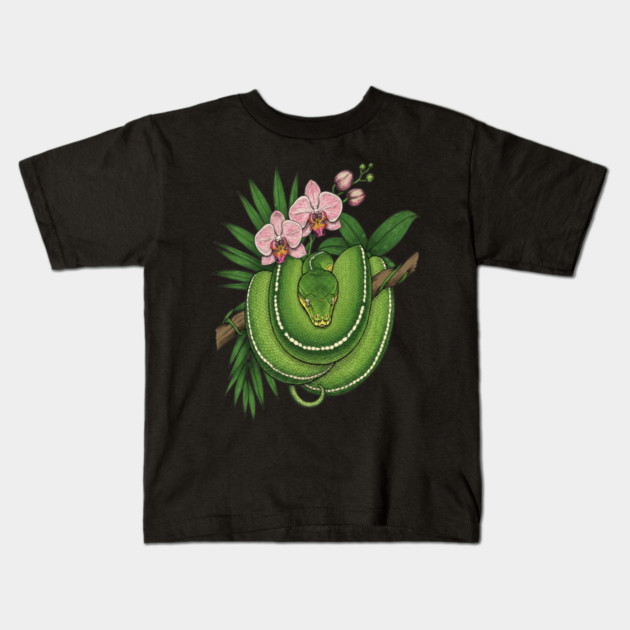 Green Tree Python with Pink Orchids Kids T-Shirt by BirdsnStuff