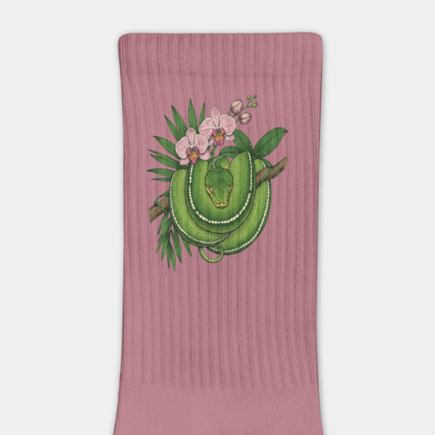 Green Tree Python with Pink Orchids by BirdsnStuff