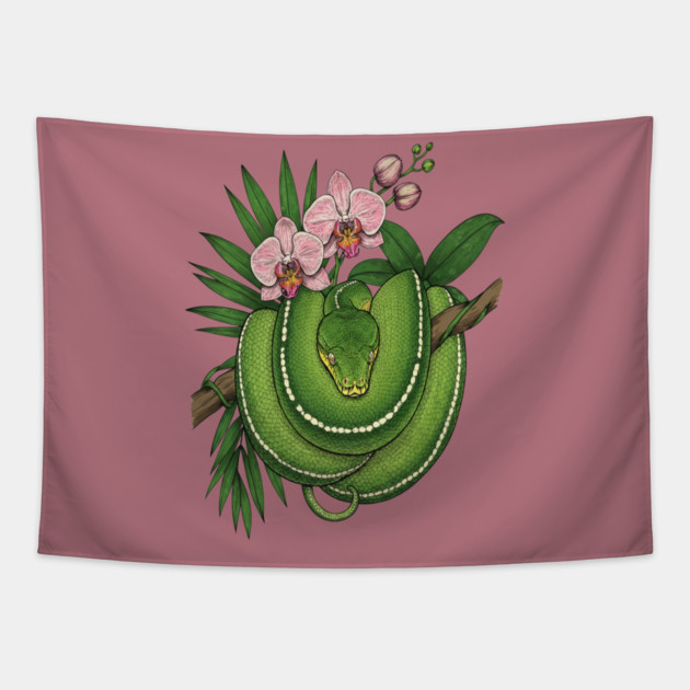 Green Tree Python with Pink Orchids Tapestry by BirdsnStuff