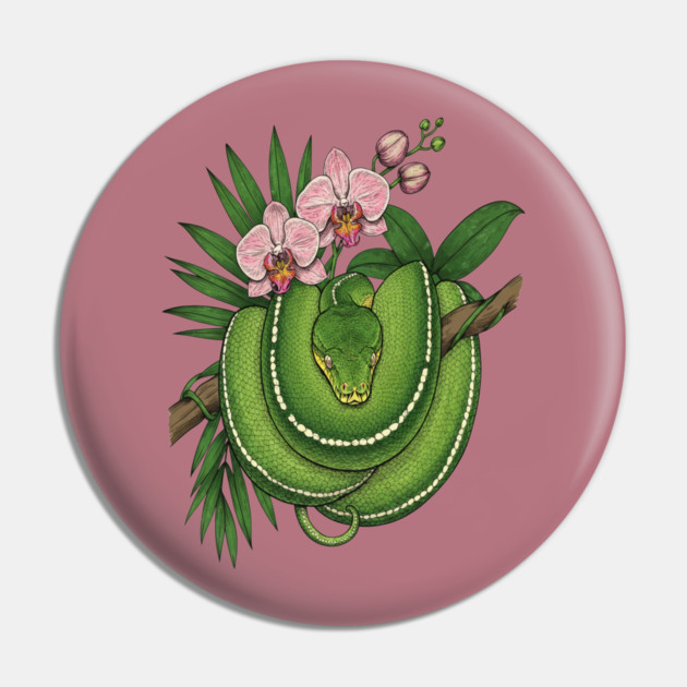 Green Tree Python with Pink Orchids Pin by BirdsnStuff