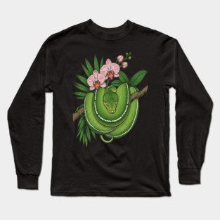 Green Tree Python with Pink Orchids Long Sleeve T-Shirt