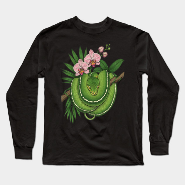 Green Tree Python with Pink Orchids Long Sleeve T-Shirt by BirdsnStuff