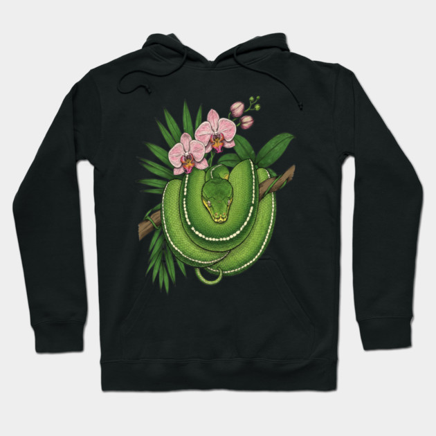 Green Tree Python with Pink Orchids Hoodie by BirdsnStuff