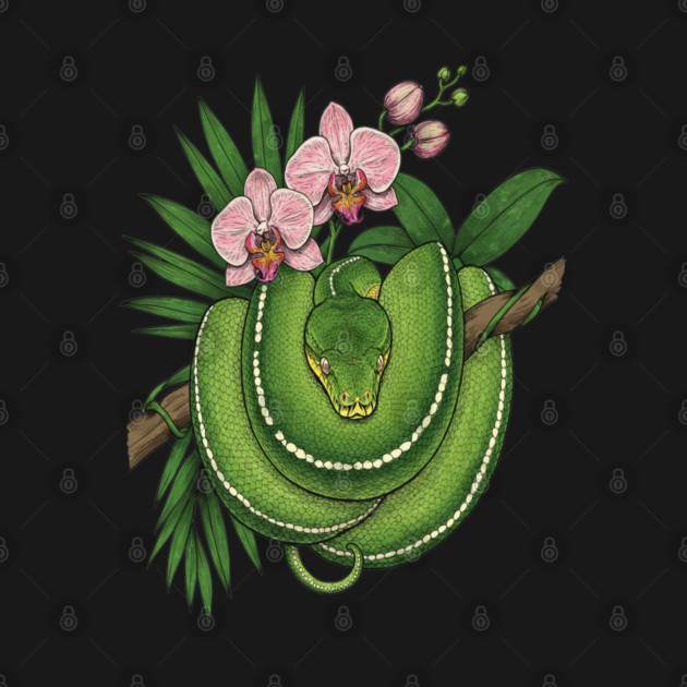 Green Tree Python with Pink Orchids by BirdsnStuff