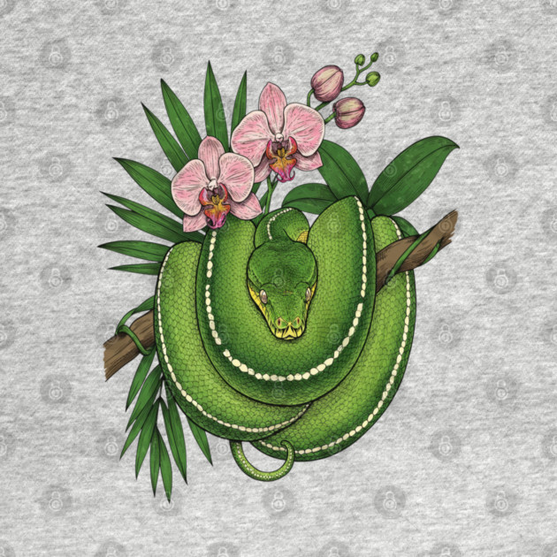 Green Tree Python with Pink Orchids by BirdsnStuff