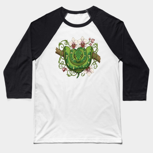 Green Tree Python Snake and Orchid Vines Baseball T-Shirt by BirdsnStuff