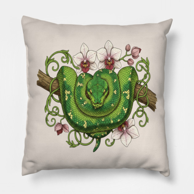 Green Tree Python Snake and Orchid Vines Pillow by BirdsnStuff