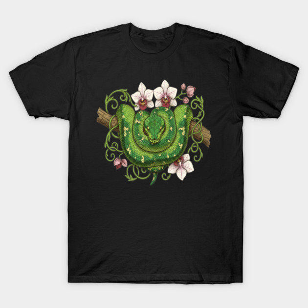 Green Tree Python Snake and Orchid Vines T-Shirt by BirdsnStuff