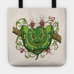 Green Tree Python Snake and Orchid Vines Tote