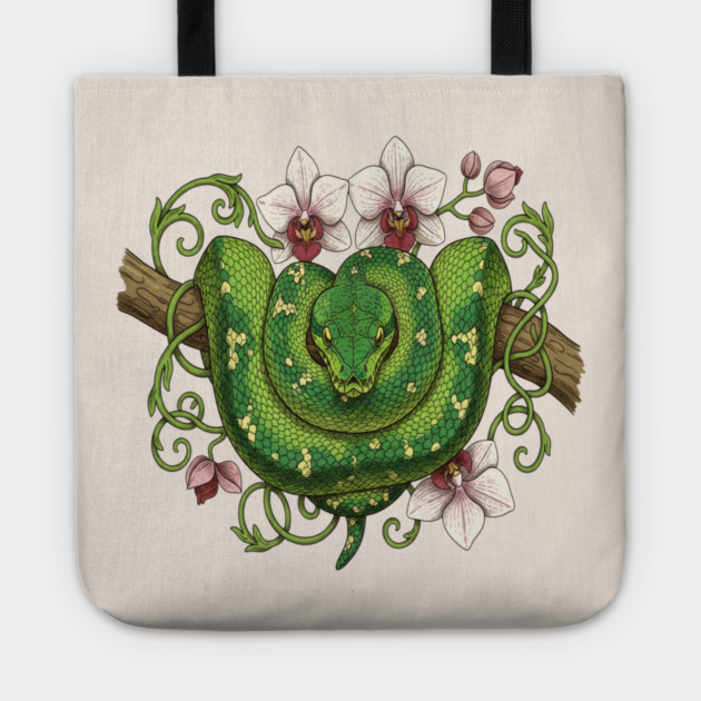 Green Tree Python Snake and Orchid Vines Tote by BirdsnStuff