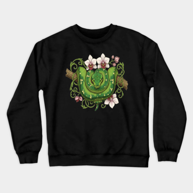 Green Tree Python Snake and Orchid Vines Crewneck Sweatshirt by BirdsnStuff