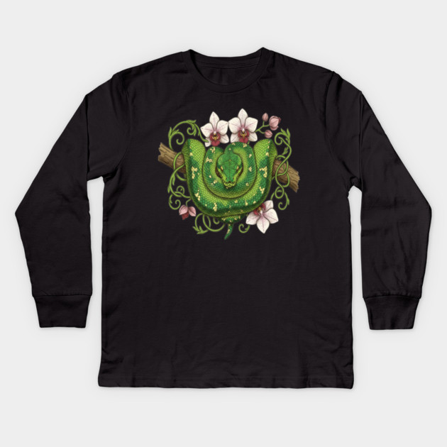 Green Tree Python Snake and Orchid Vines Kids Long Sleeve T-Shirt by BirdsnStuff