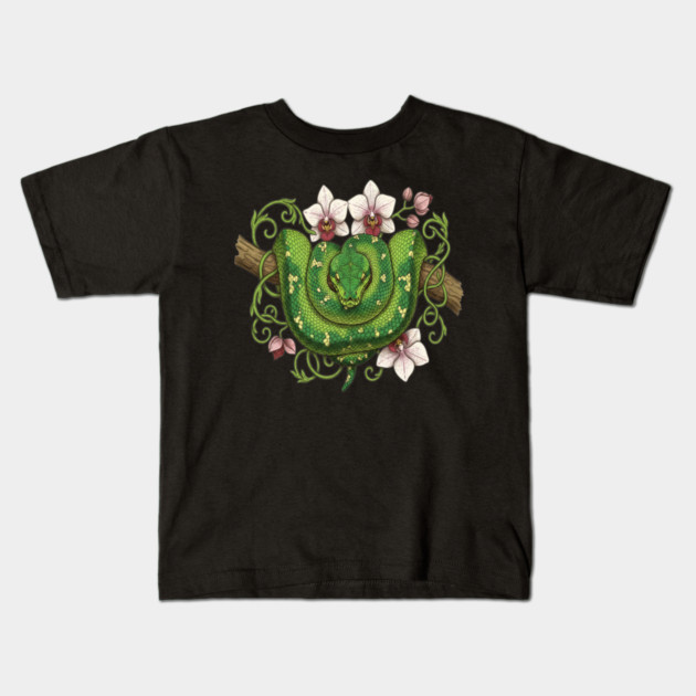 Green Tree Python Snake and Orchid Vines Kids T-Shirt by BirdsnStuff