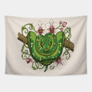 Green Tree Python Snake and Orchid Vines Tapestry