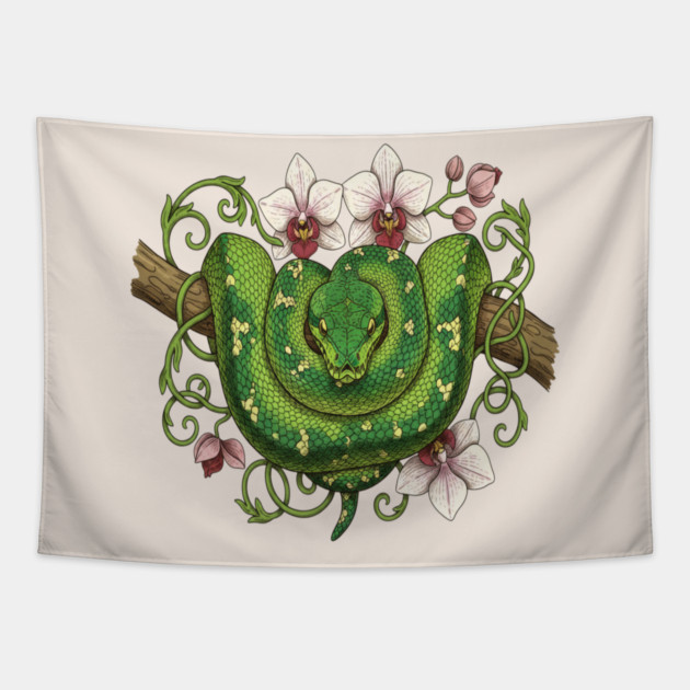 Green Tree Python Snake and Orchid Vines Tapestry by BirdsnStuff