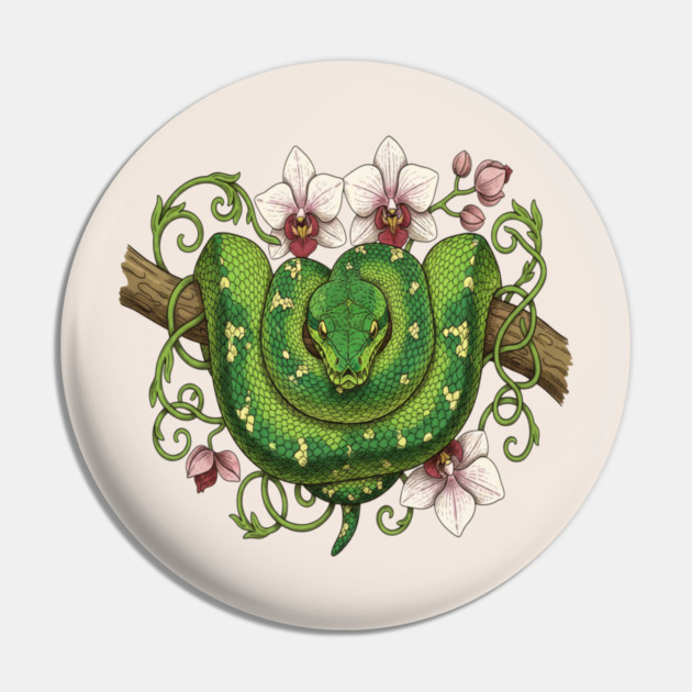 Green Tree Python Snake and Orchid Vines Pin by BirdsnStuff