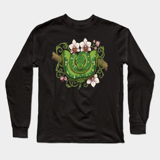 Green Tree Python Snake and Orchid Vines Long Sleeve T-Shirt by BirdsnStuff