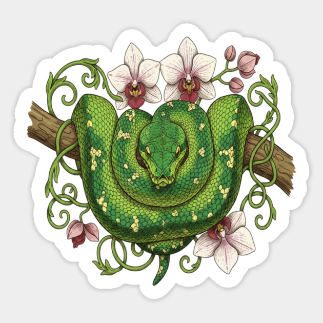 Green Tree Python Snake and Orchid Vines Magnet by BirdsnStuff