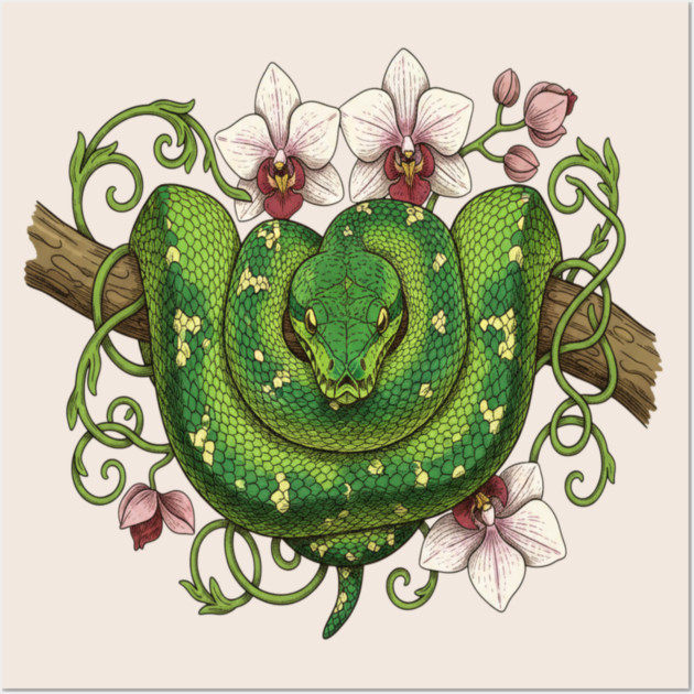 Green Tree Python Snake and Orchid Vines Wall Art by BirdsnStuff