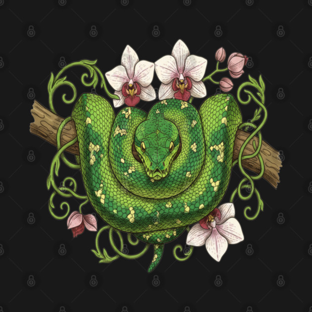 Green Tree Python Snake and Orchid Vines by BirdsnStuff