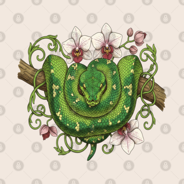 Green Tree Python Snake and Orchid Vines by BirdsnStuff