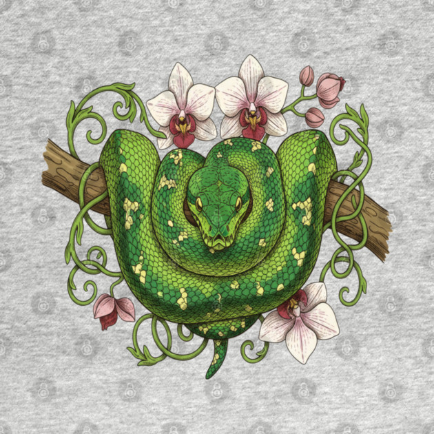 Green Tree Python Snake and Orchid Vines by BirdsnStuff