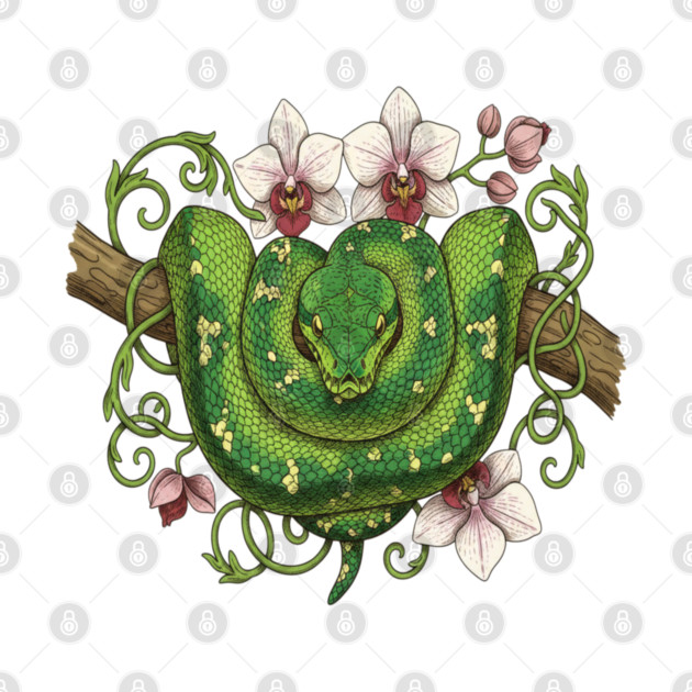 Green Tree Python Snake and Orchid Vines by BirdsnStuff