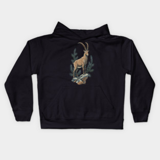 Alpine Ibex Mountain Goat on Rocky Cliff Kids Hoodie