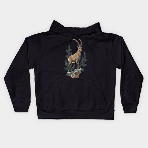 Alpine Ibex Mountain Goat on Rocky Cliff Kids Hoodie by BirdsnStuff