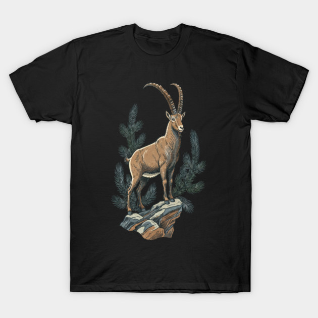 Alpine Ibex Mountain Goat on Rocky Cliff T-Shirt by BirdsnStuff